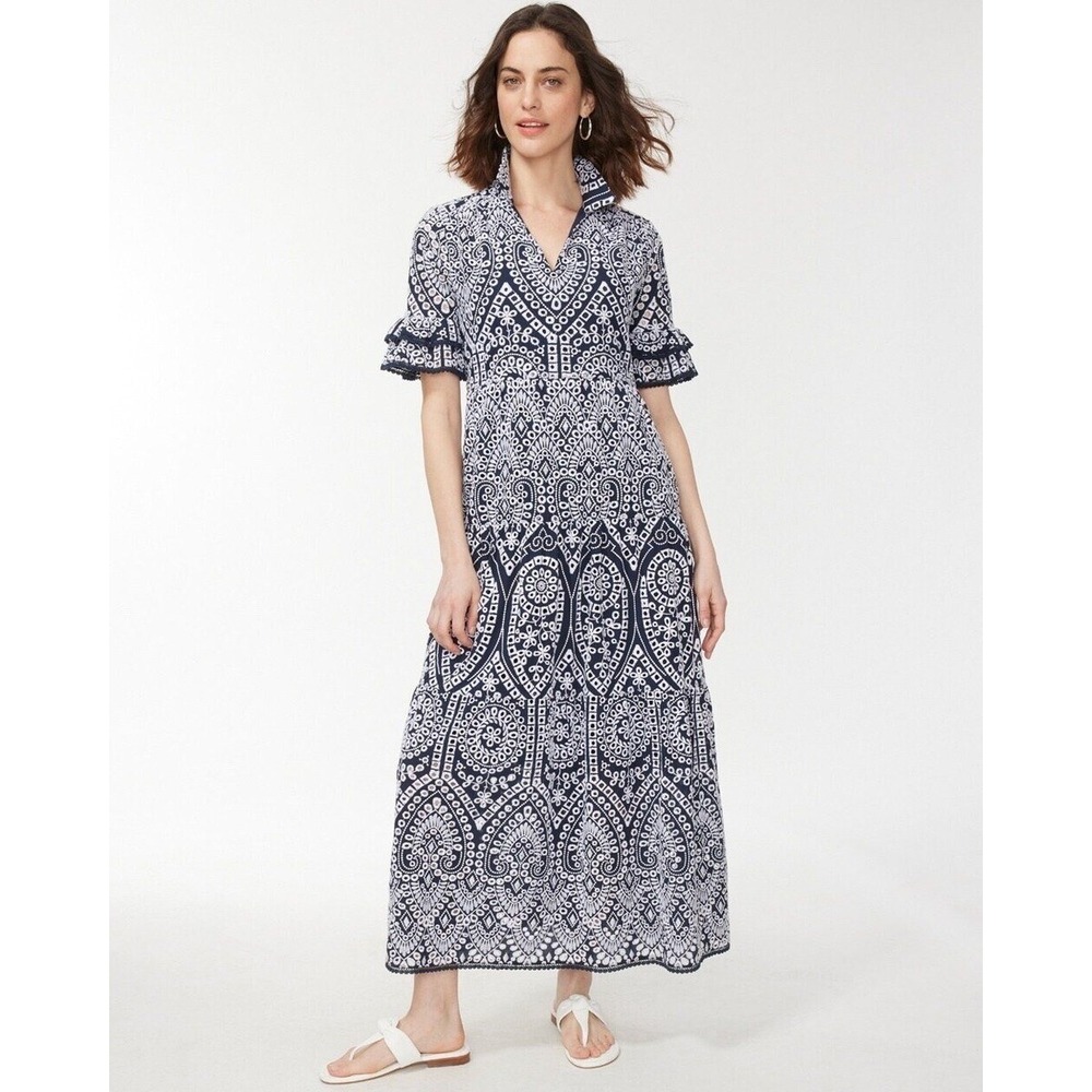 Chicos Navy Blue White Eyelet Embroidered Tiered Dress V-Neck Cotton Size 0/US 4